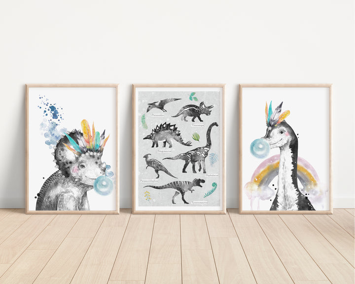 SET OF 3 Dinosaur Nursery Prints, Bedroom Decor