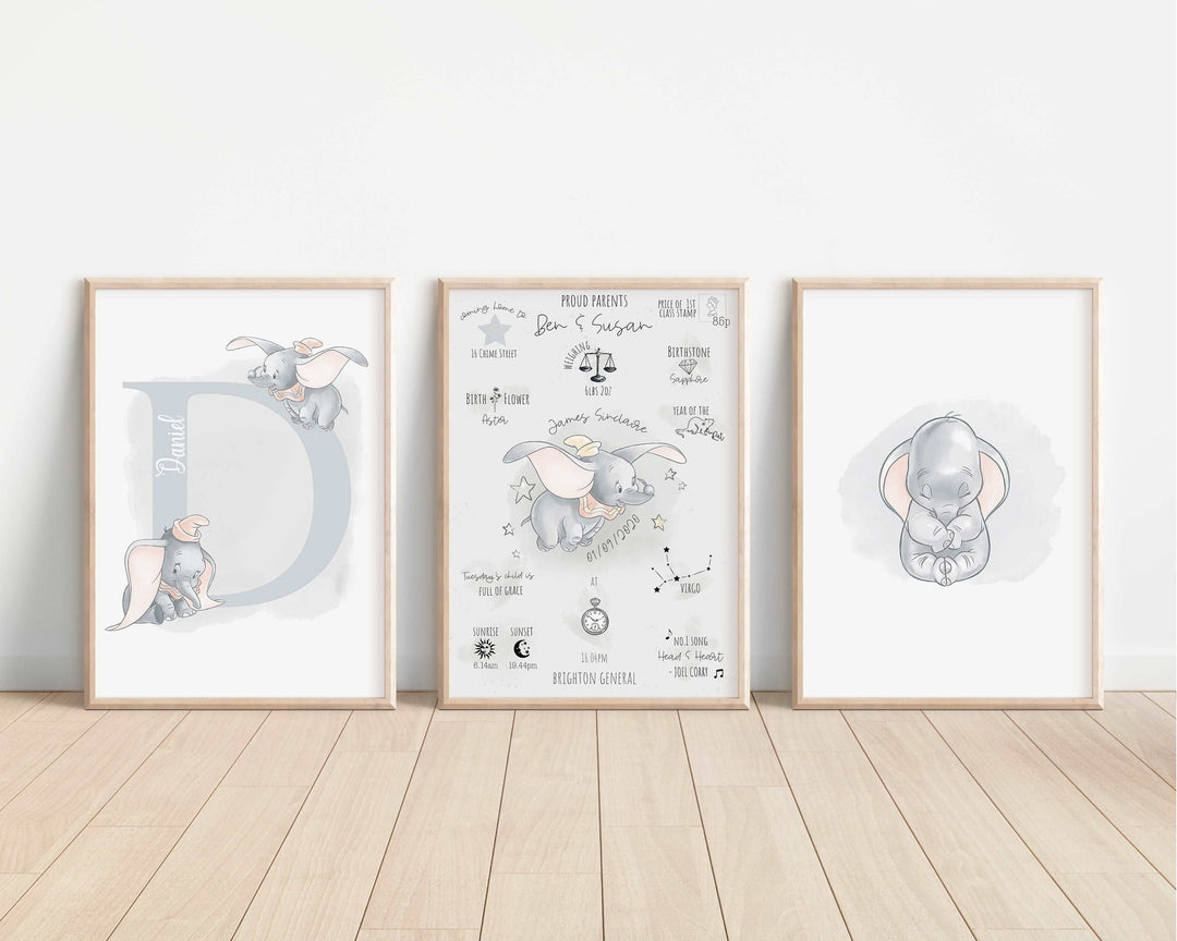 SET OF 3 Personalised Dumbo The Day You Were Born Prints