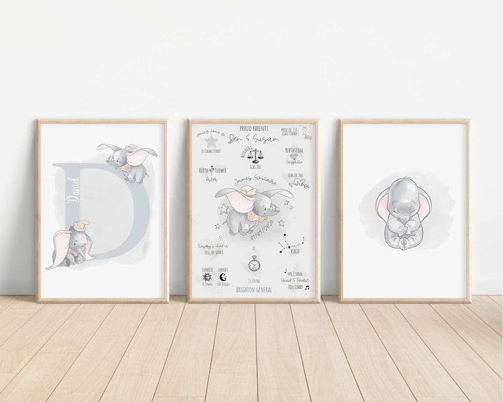 SET OF 3 Personalised Dumbo The Day You Were Born Prints