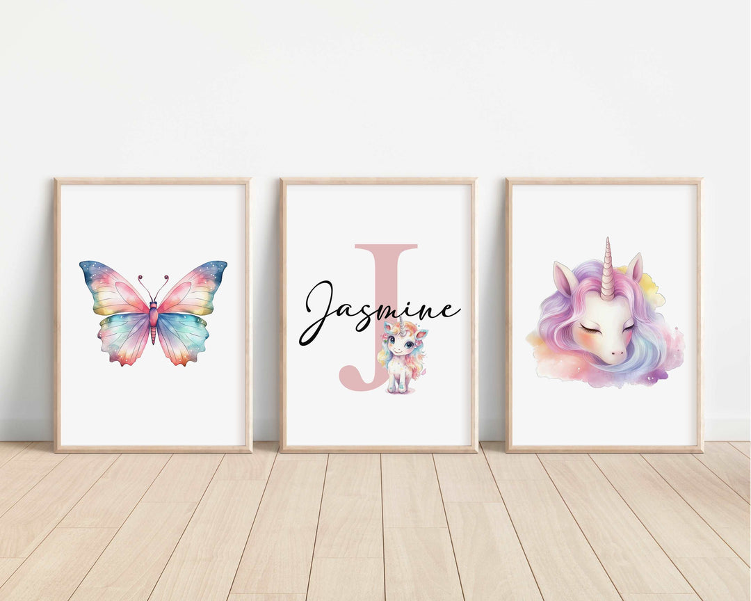 SET OF 3 Magical Unicorn Horses Personalised Bedroom Prints