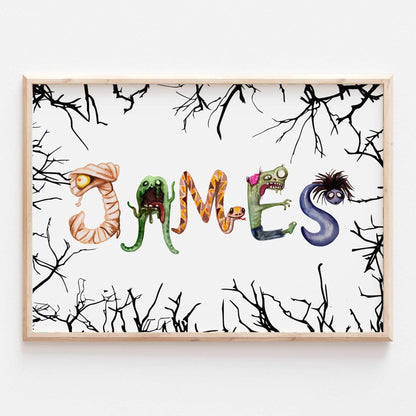 Personalised Monster Name Print | Horror Halloween Alphabet Fall Spooky Scary Kids Baby Bedroom Decor Wall Art Movie Scary Poster Creatures