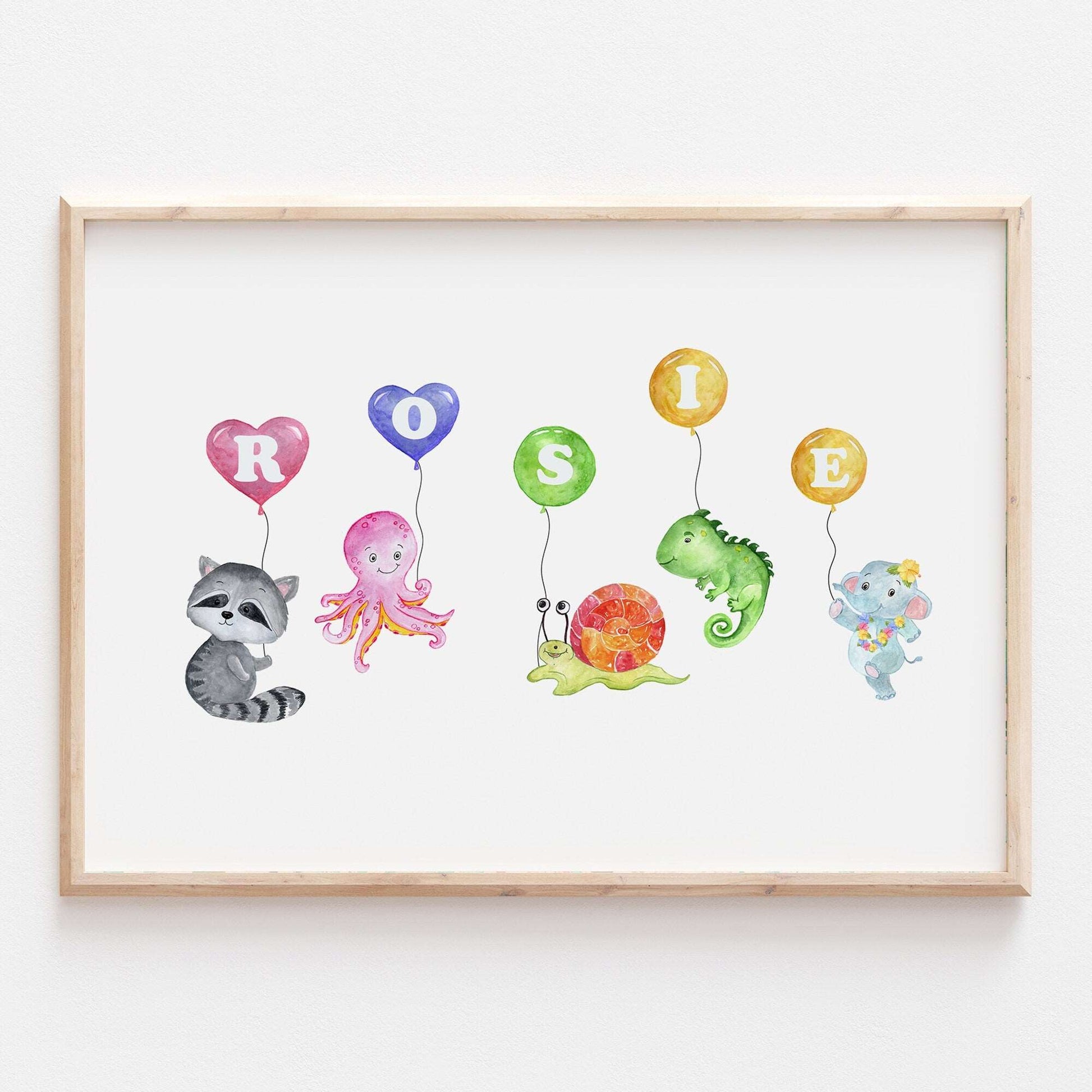 Personalised Animal Alphabet Balloon Name Print Baby Nursery Kids Decor Wall Art