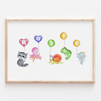 Personalised Animal Alphabet Balloon Name Print Baby Nursery Kids Decor Wall Art