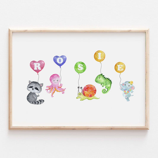 Personalised Animal Alphabet Balloon Name Print Baby Nursery Kids Decor Wall Art