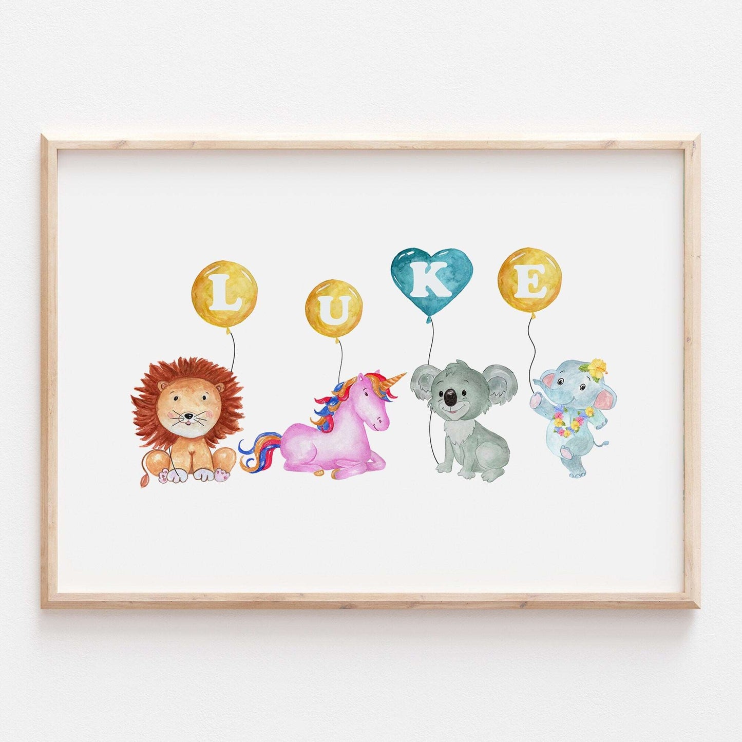 Personalised Animal Alphabet Balloon Name Print Baby Nursery Kids Decor Wall Art