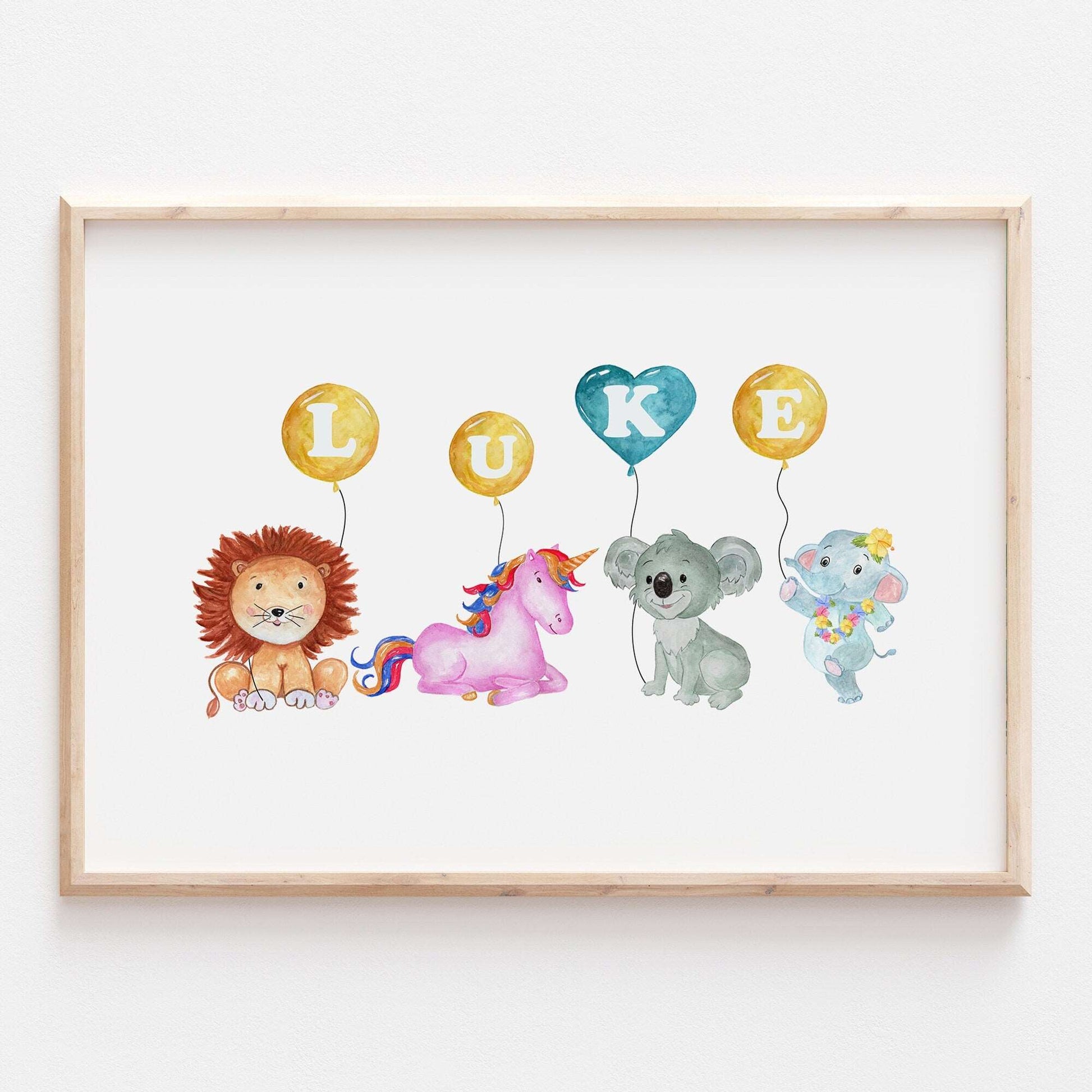 Personalised Animal Alphabet Balloon Name Print Baby Nursery Kids Decor Wall Art