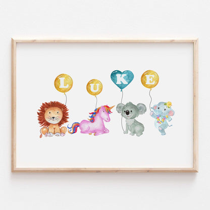 Personalised Animal Alphabet Balloon Name Print Baby Nursery Kids Decor Wall Art