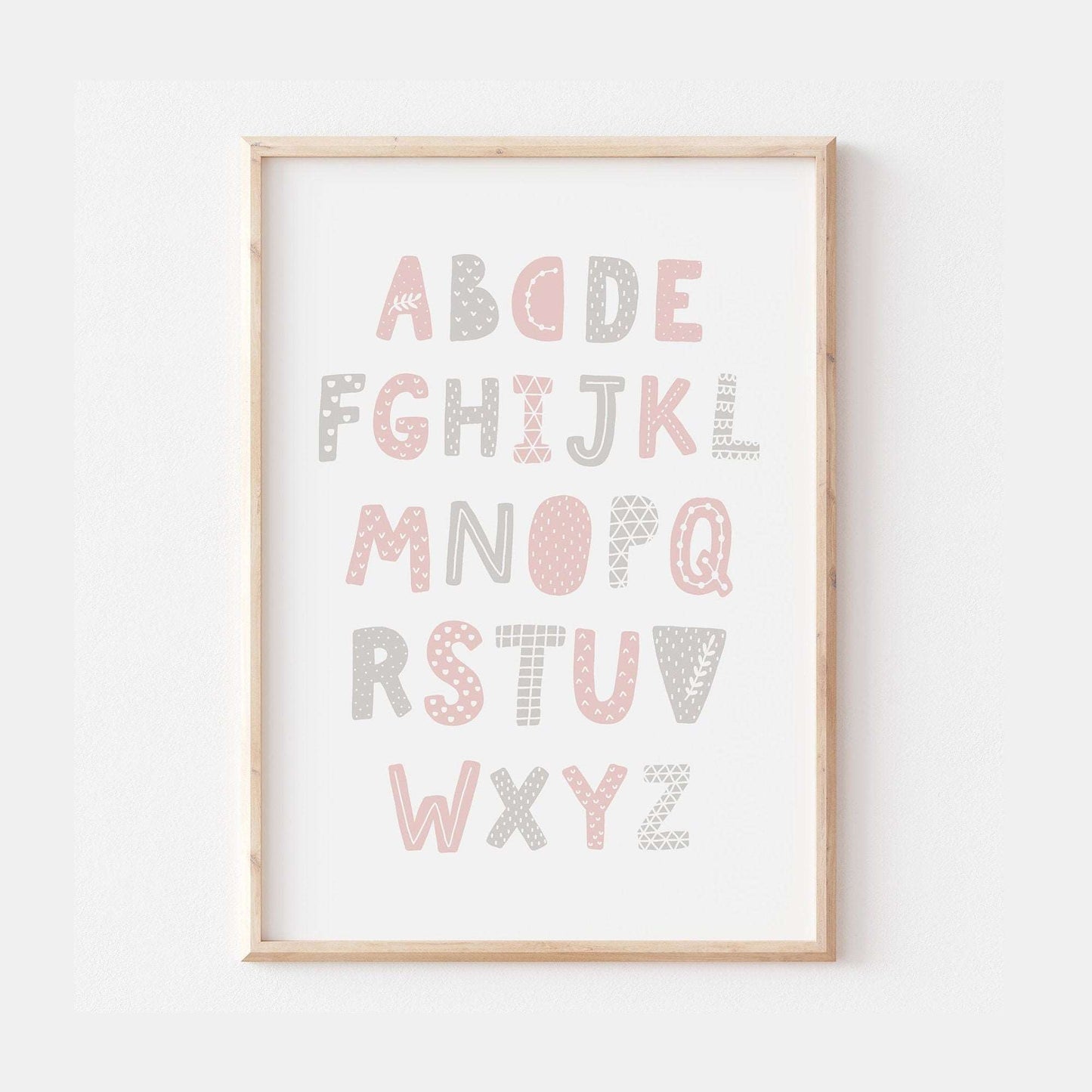 Nordic Scandinavian Children's Kids ABC Alphabet Pink and Grey Nursery Decor Wall Art