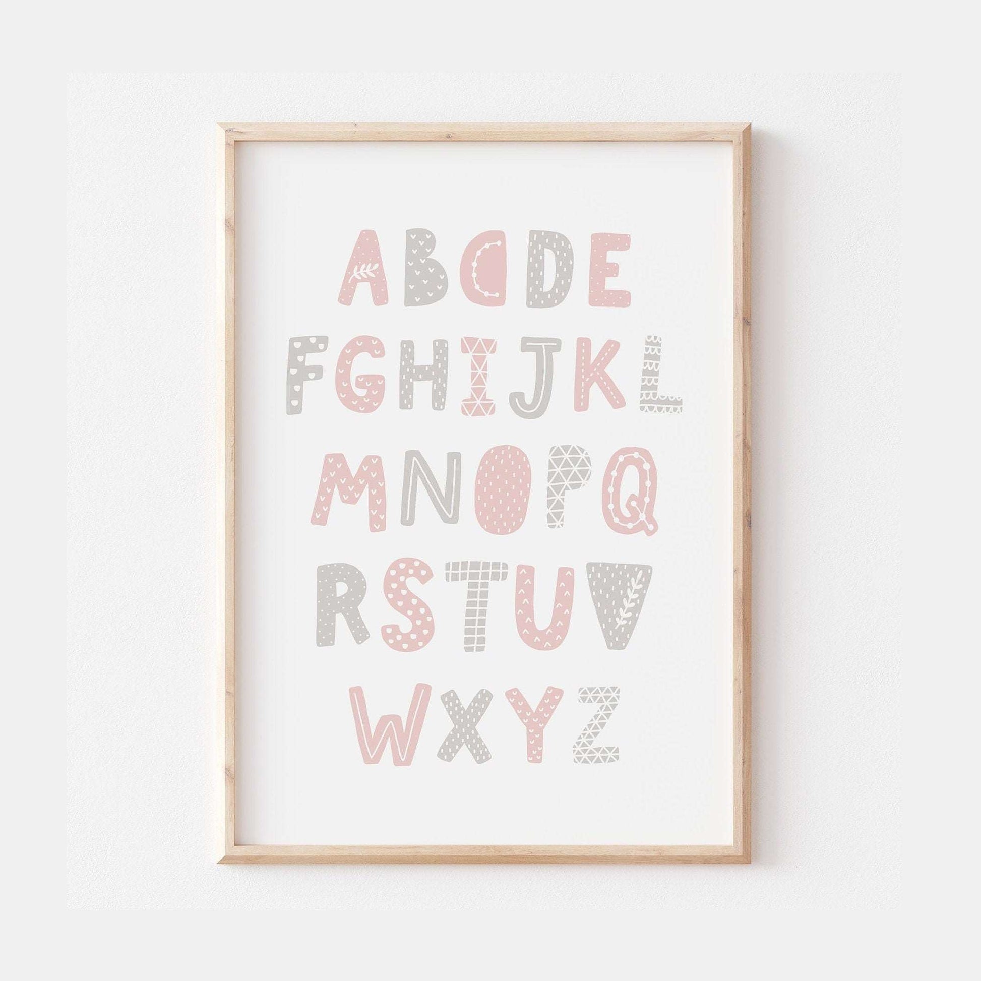 Nordic Scandinavian Children's Kids ABC Alphabet Pink and Grey Nursery Decor Wall Art