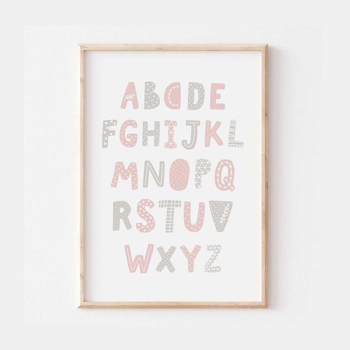 Nordic Scandinavian Children's Kids ABC Alphabet Pink and Grey Nursery Decor Wall Art