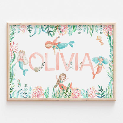 Personalised Mermaid Ocean Name Print Kids Bedroom Decor Baby Girls Gift Wall Art