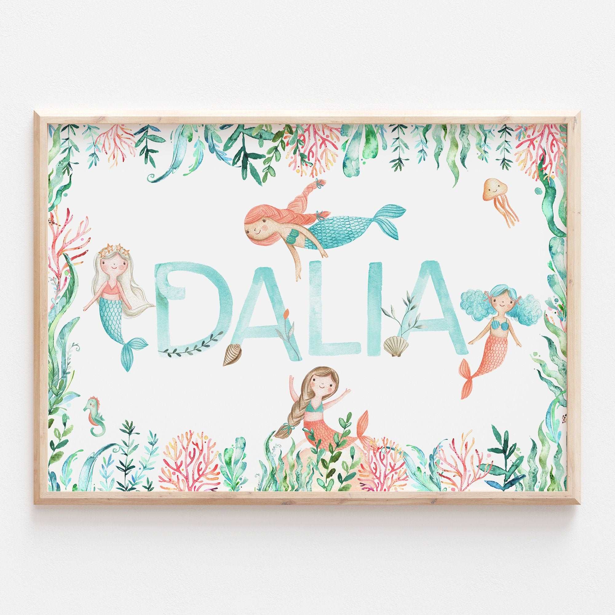 Personalised Watercolour Mermaid Ocean Name Print – Funky Print Factory