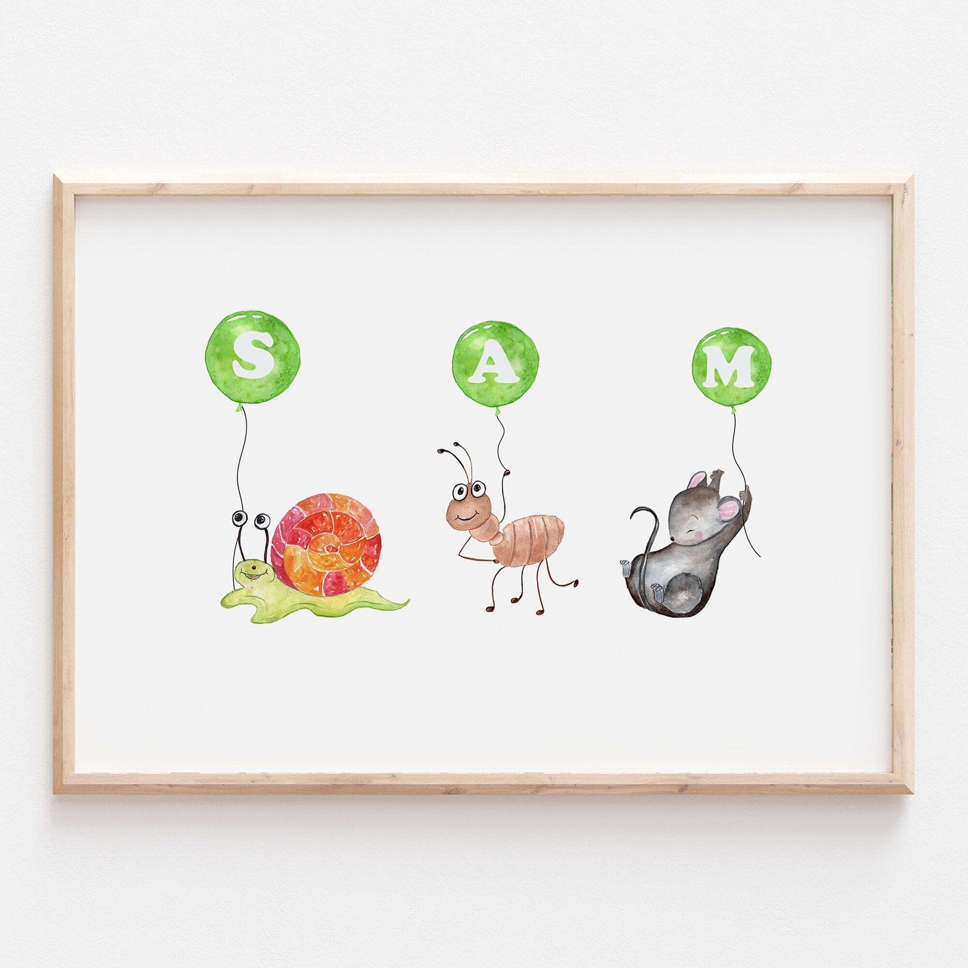 Personalised Animal Alphabet Balloon Name Print Baby Nursery Kids Decor Wall Art