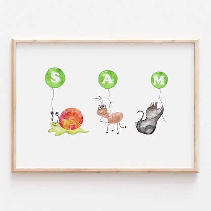 Personalised Animal Alphabet Balloon Name Print Baby Nursery Kids Decor Wall Art