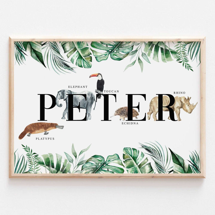 Personalised Animal Alphabet Name Print | Kids Safari Jungle Children’s Nursery Wall Art Decor Educational Kids Newborn bedroom poster Theme