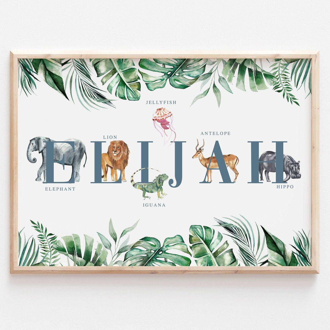 Personalised Animal Alphabet Name Print | Kids Safari Jungle Children’s Nursery Wall Art Decor Educational Kids Newborn bedroom poster Theme