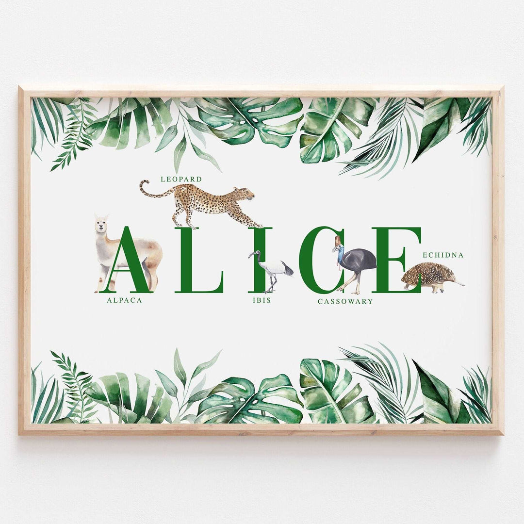 Personalised Animal Alphabet Name Print Kids Baby Safari Jungle Nursery Decor Wall Art Poster Educational