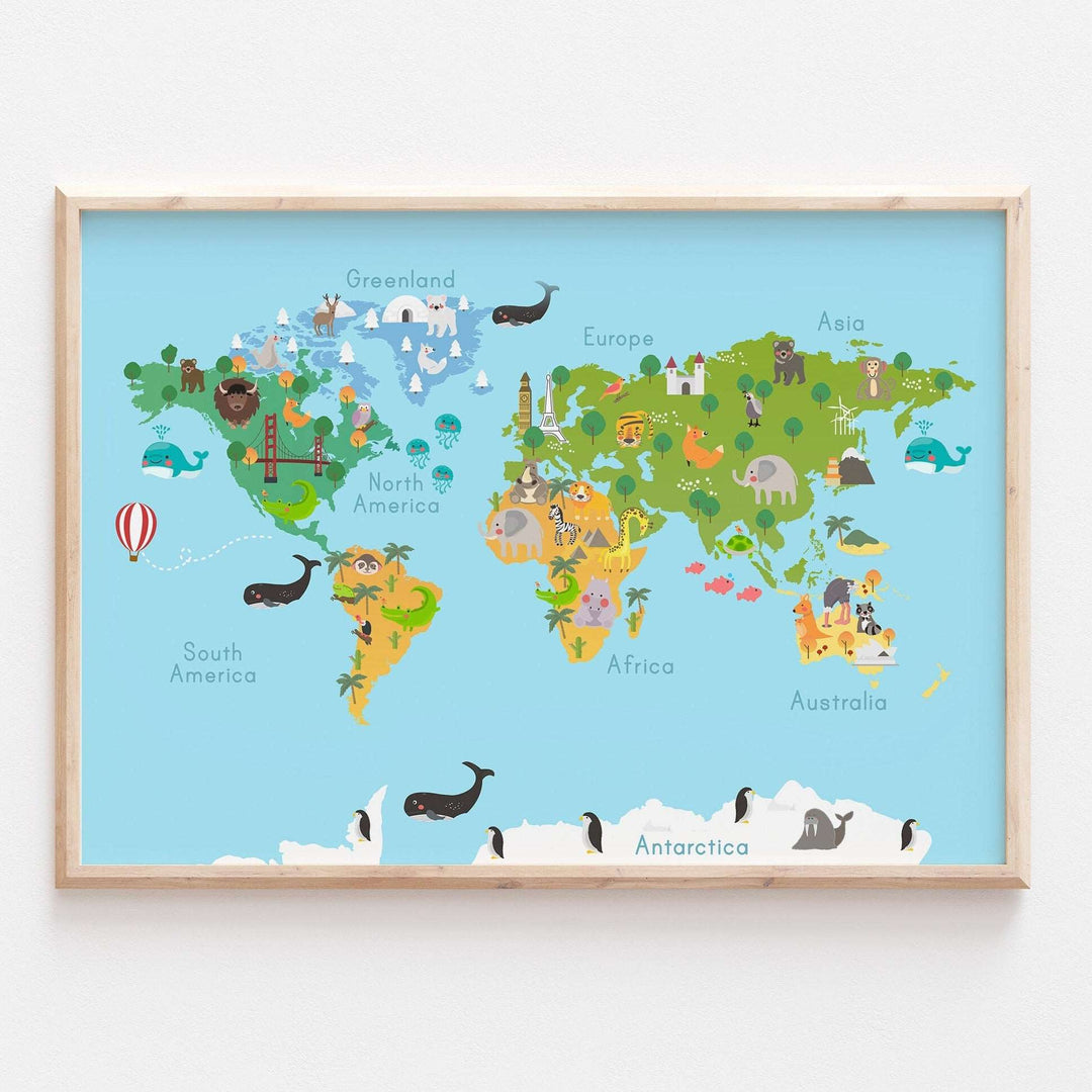 Animal World Map Print - Children's Nursery Wall Decor Educational Geography Nature Jungle Poster