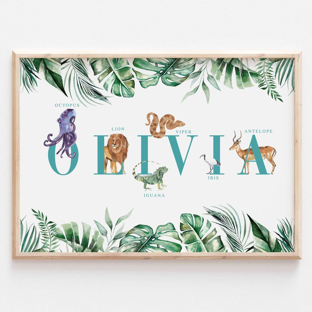 Personalised Animal Alphabet Name Print | Kids Safari Jungle Children’s Nursery Wall Art Decor Educational Kids Newborn bedroom poster Theme