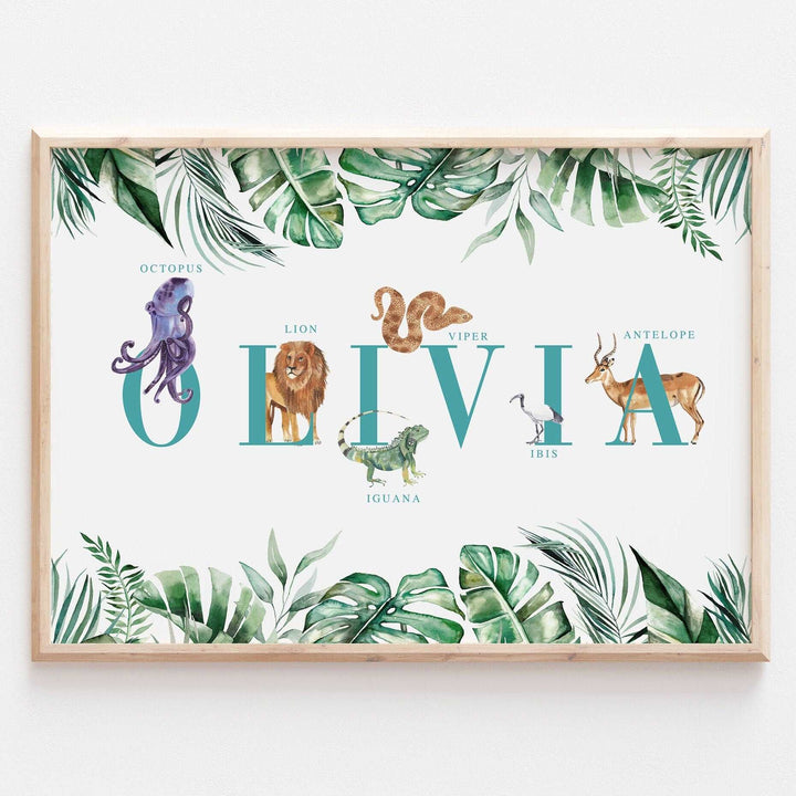 Personalised Animal Alphabet Name Print | Kids Safari Jungle Children’s Nursery Wall Art Decor Educational Kids Newborn bedroom poster Theme