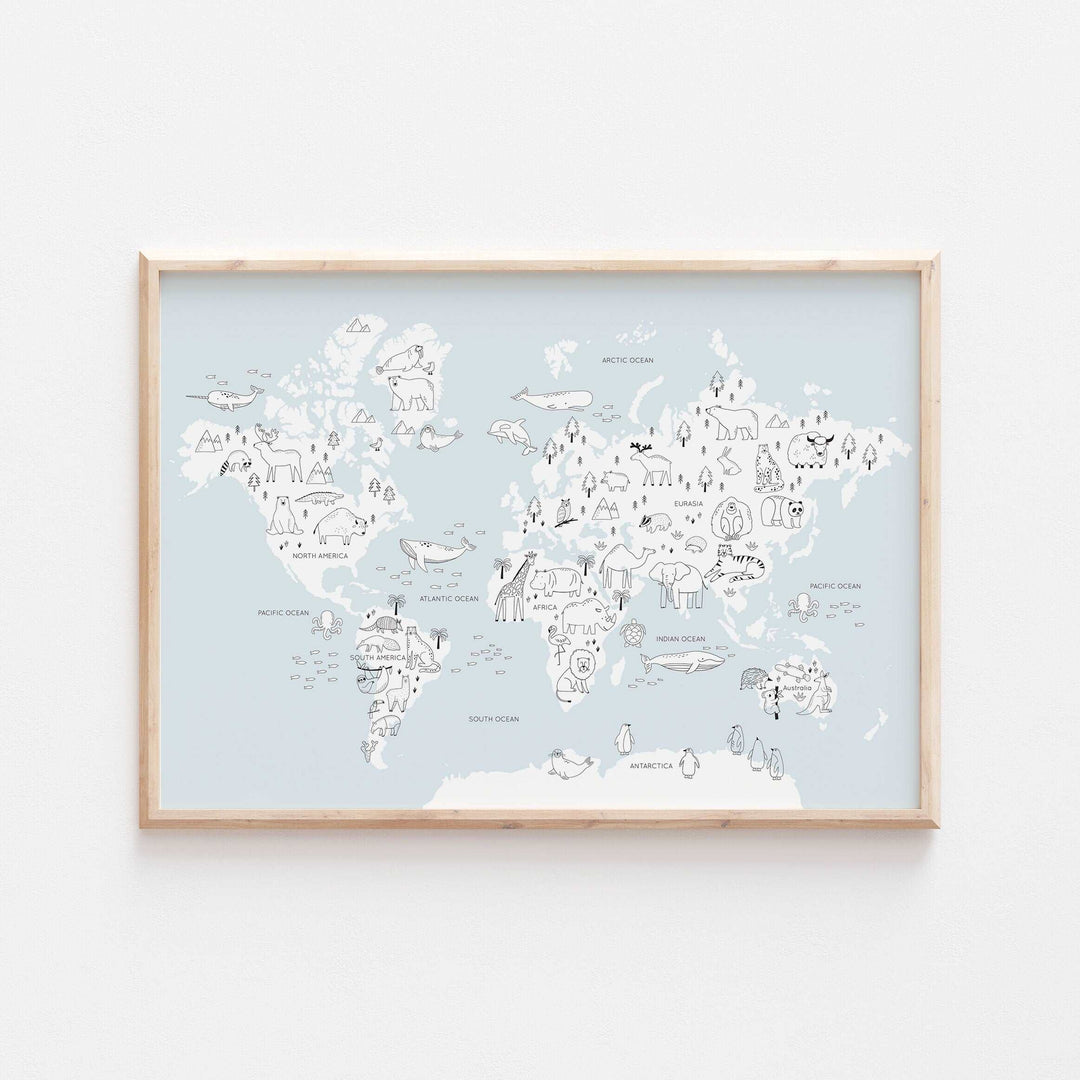 Monochrome Black and White Scandinavian Animal World Map Print - Children's Nursery Wall Decor Educational