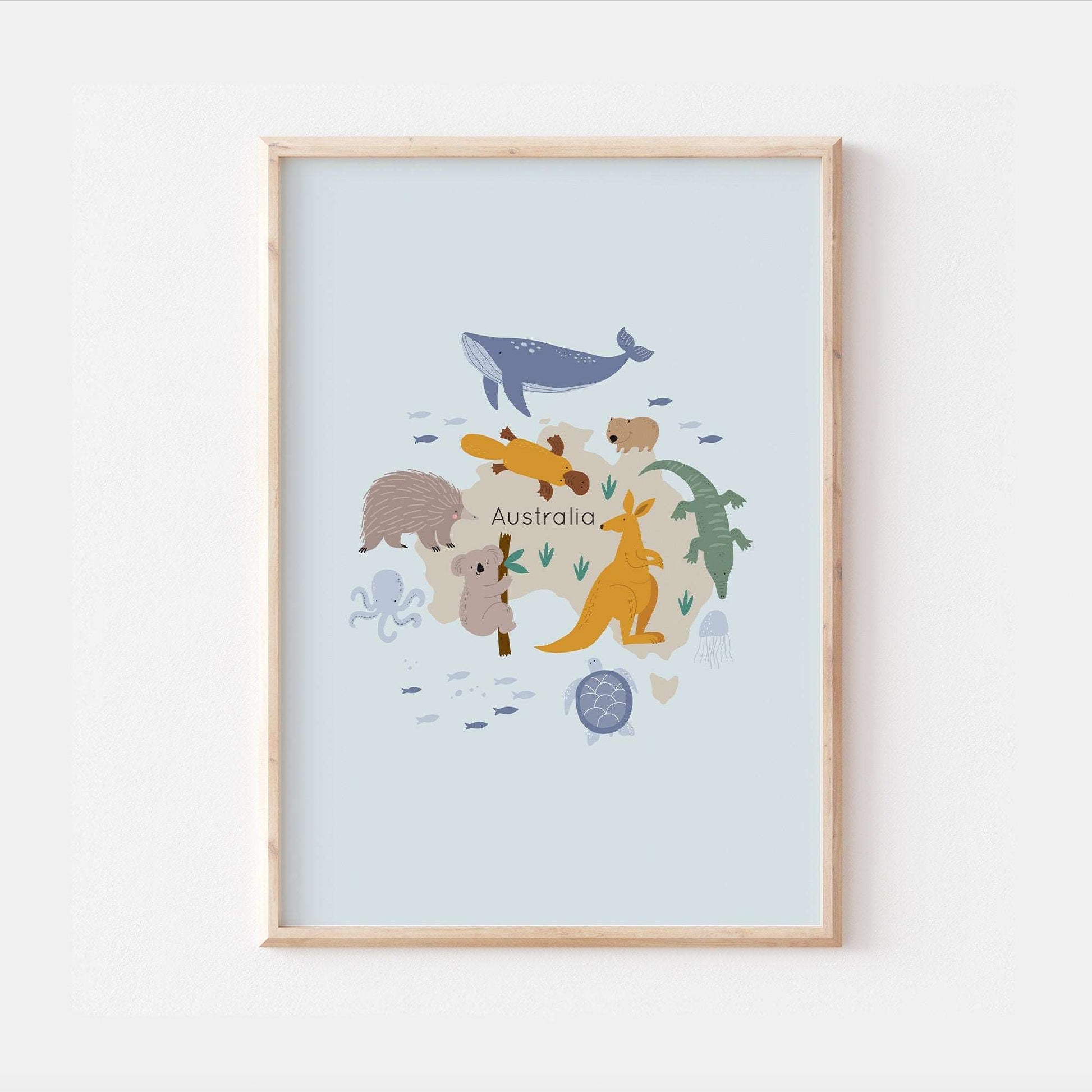 Map of Australia Animal World Map Print - Children's Nursery Wall Decor Educational Poster