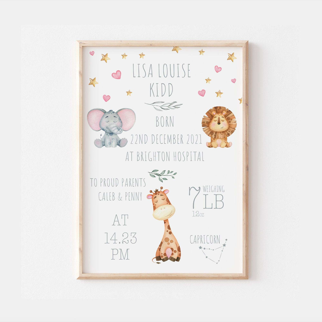 Personalised The Day You Were Born Jungle Safari Newborn Print Watercolour Bedroom Nursery Decor Baby Gift Poster Baby Shower Mothers Baby