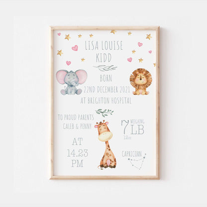 Personalised The Day You Were Born Jungle Safari Newborn Print Watercolour Bedroom Nursery Decor Baby Gift Poster Baby Shower Mothers Baby