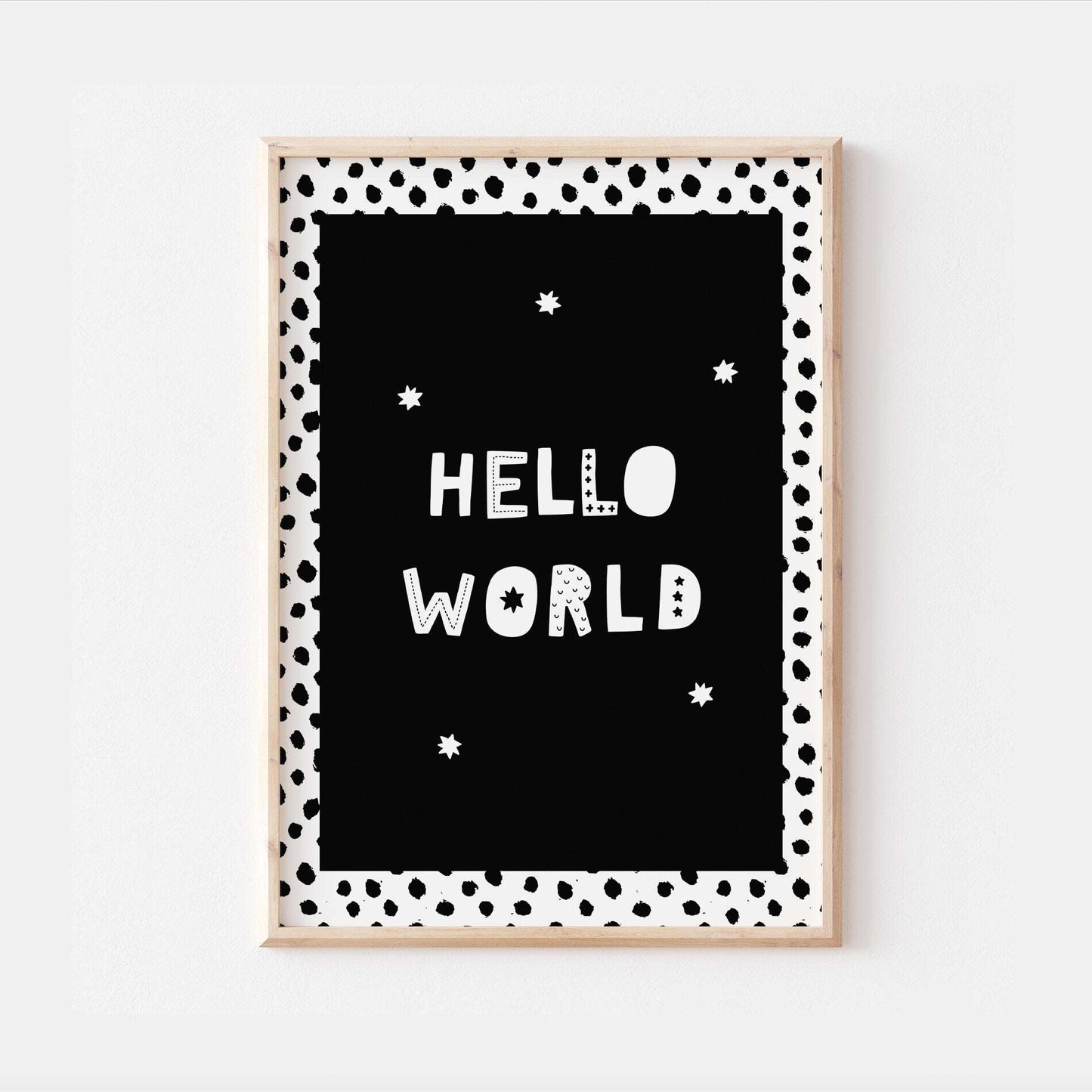 Hello World Polka Dot Kids Nursery Print Baby Bedroom Decor Posters Quote Explorer Scandi Nordic Style Typography Monochrome