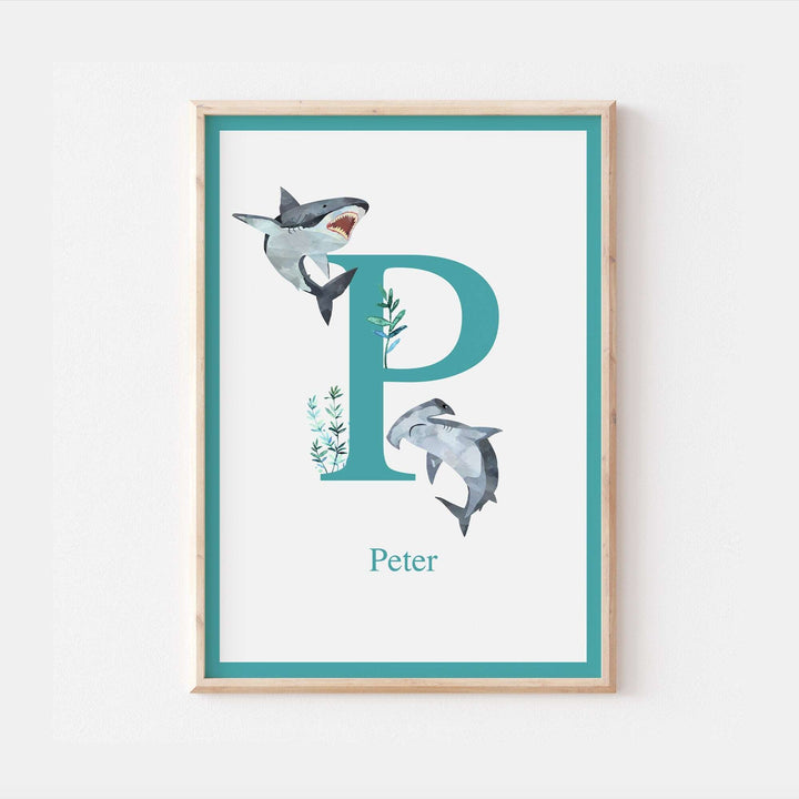 Personalised Ocean Shark Name Print - Children's Kids Bedroom Nursery Decor Wall Art Hammerhead Great White Shark Under the Sea