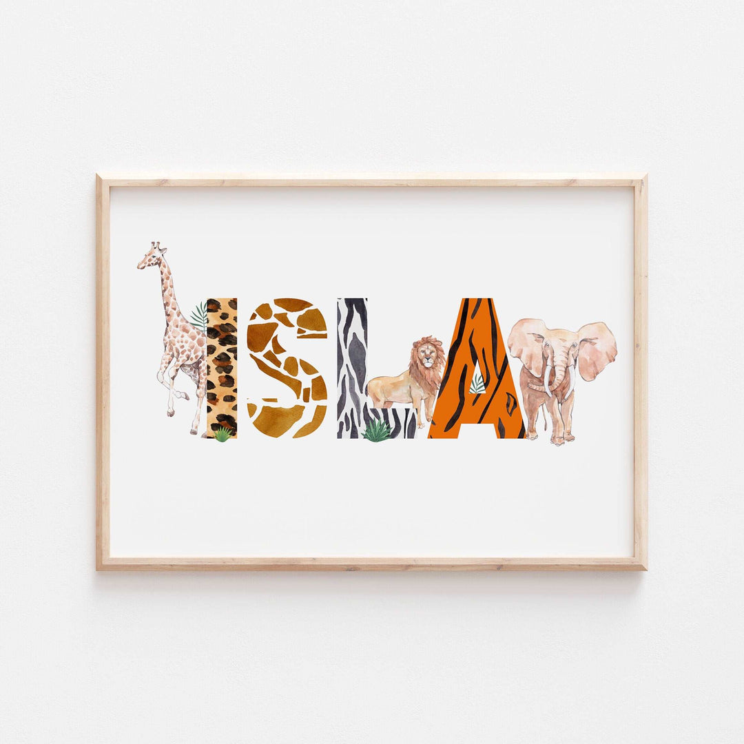 Personalised Animal Alphabet Name Print Safari Pattern Jungle Children’s Nursery Wall Art Decor Educational Kids Newborn bedroom poster