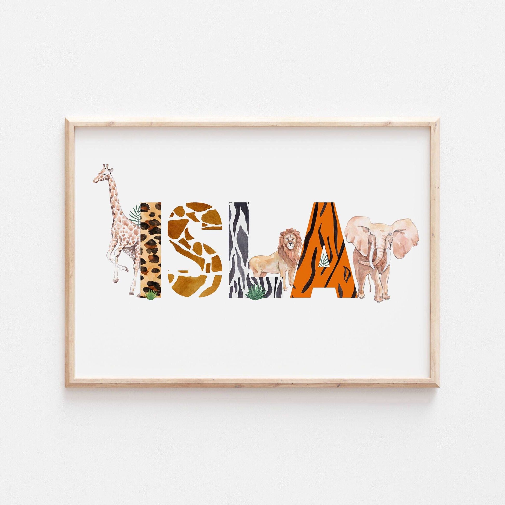Personalised Animal Alphabet Name Print Safari Pattern Jungle Children’s Nursery Wall Art Decor Educational Kids Newborn bedroom poster