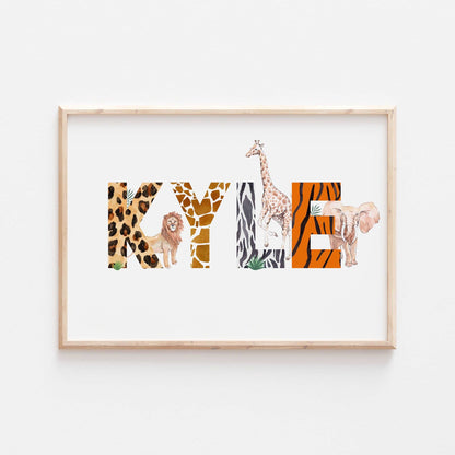 Personalised Animal Alphabet Name Print Safari Pattern Jungle Children’s Nursery Wall Art Decor Educational Kids Newborn bedroom poster