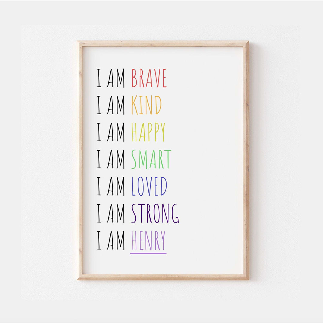 I am | Personalised Rainbow Name Print Pastel affirmation quote Children’s Nursery Wall Art Decor Educational Kids Newborn bedroom poster