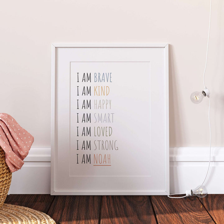 I am | Personalised Rainbow Name Print Pastel affirmation quote Children’s Nursery Wall Art Decor Educational Kids Newborn bedroom poster