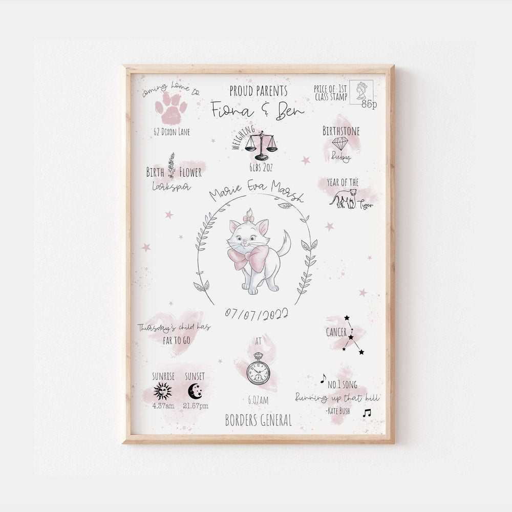 Personalised The Day You Were Born Newborn Print Marie Aristocats Pink Disney Watercolour Bedroom Nursery Decor Baby Gift Mothers Day Pixar