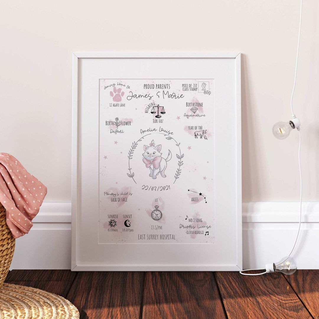 Personalised The Day You Were Born Newborn Print Marie Aristocats Pink Disney Watercolour Bedroom Nursery Decor Baby Gift Mothers Day Pixar