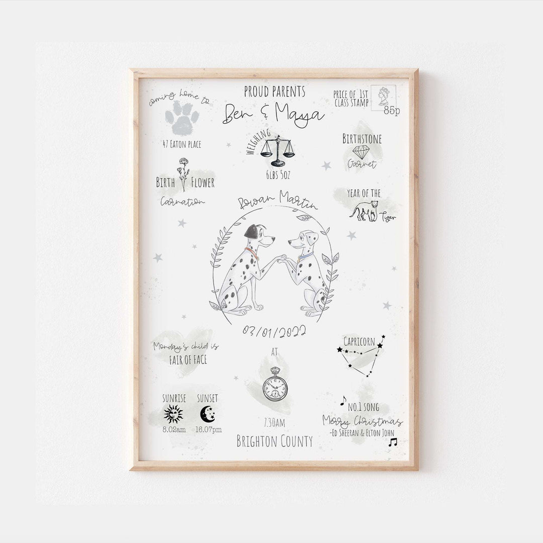 Personalised The Day You Were Born Newborn Print 101 Dalmatians Pongo Disney Watercolour Bedroom Nursery Decor Baby Gift Mothers Day Pixar