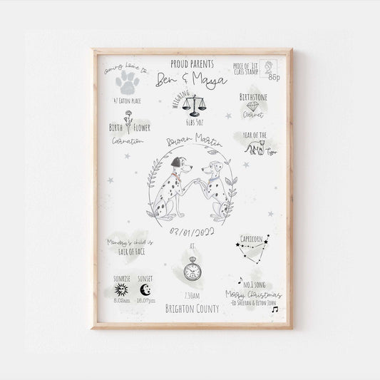 Personalised The Day You Were Born Newborn Print 101 Dalmatians Pongo Disney Watercolour Bedroom Nursery Decor Baby Gift Mothers Day Pixar