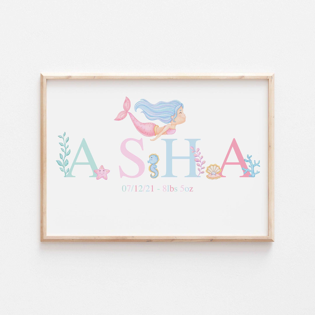 Pastel Mermaid Print | Personalised Ocean Myth Sea life fish marine Alphabet Print Poster Educational Kids Bedroom Nursery Decor Wall Art