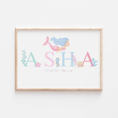 Pastel Mermaid Print | Personalised Ocean Myth Sea life fish marine Alphabet Print Poster Educational Kids Bedroom Nursery Decor Wall Art