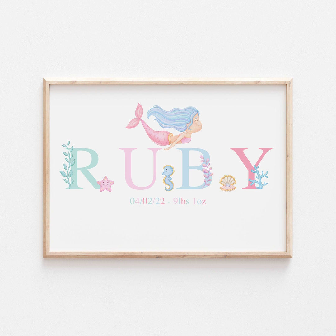 Pastel Mermaid Print | Personalised Ocean Myth Sea life fish marine Alphabet Print Poster Educational Kids Bedroom Nursery Decor Wall Art