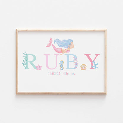 Pastel Mermaid Print | Personalised Ocean Myth Sea life fish marine Alphabet Print Poster Educational Kids Bedroom Nursery Decor Wall Art