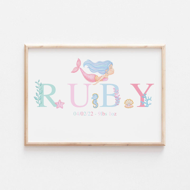 Pastel Mermaid Print | Personalised Ocean Myth Sea life fish marine Alphabet Print Poster Educational Kids Bedroom Nursery Decor Wall Art