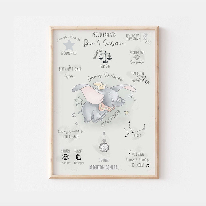 Personalised The Day You Were Born Newborn Print Dumbo Disney Watercolour Bedroom Nursery Decor Baby Dumbo Disney