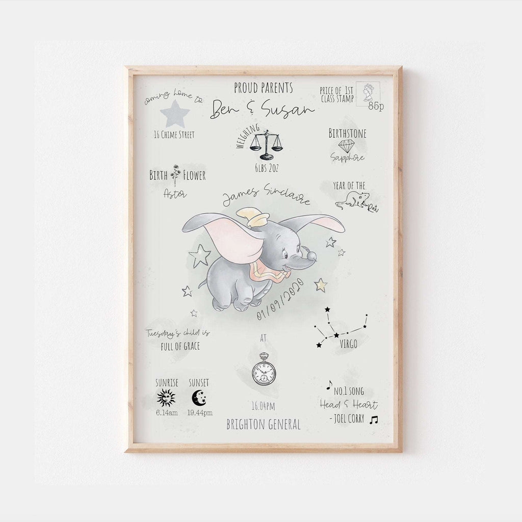 Dumbo Personalised The Day You Were Born Birth Print – Funky