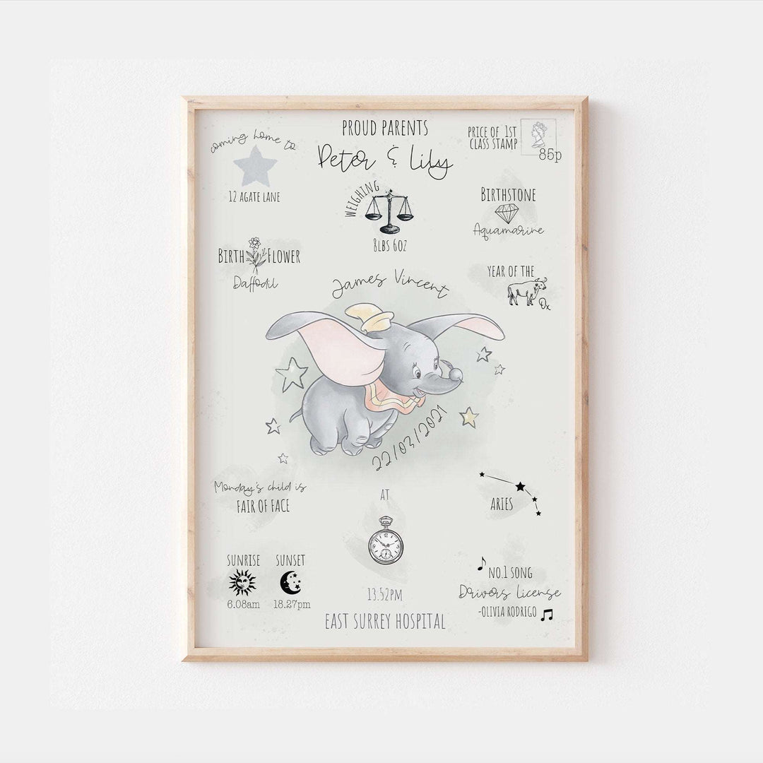 Personalised The Day You Were Born Newborn Print Dumbo Disney Watercolour Bedroom Nursery Decor Baby Gift Mothers Day Pixar