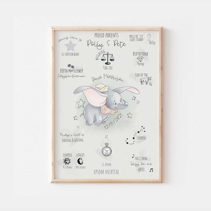 Personalised The Day You Were Born Newborn Print Dumbo Disney Watercolour Bedroom Nursery Decor Baby Gift Mothers Day Pixar