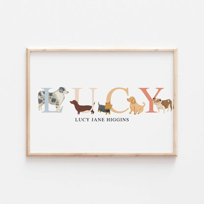 Dog Breed Print | Personalised Dogs Puppy Lover Pet Art | Gift Alphabet Print Poster Furbaby Kids Bedroom Nursery Decor Wall Art