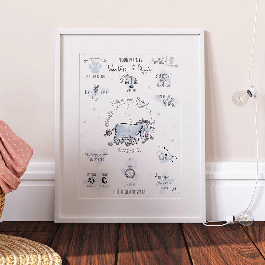 Eeyore | Personalised The Day You Were Born Newborn Print Winnie Pooh Disney Watercolour Bedroom Nursery Decor Baby Gift Mothers Day Pixar